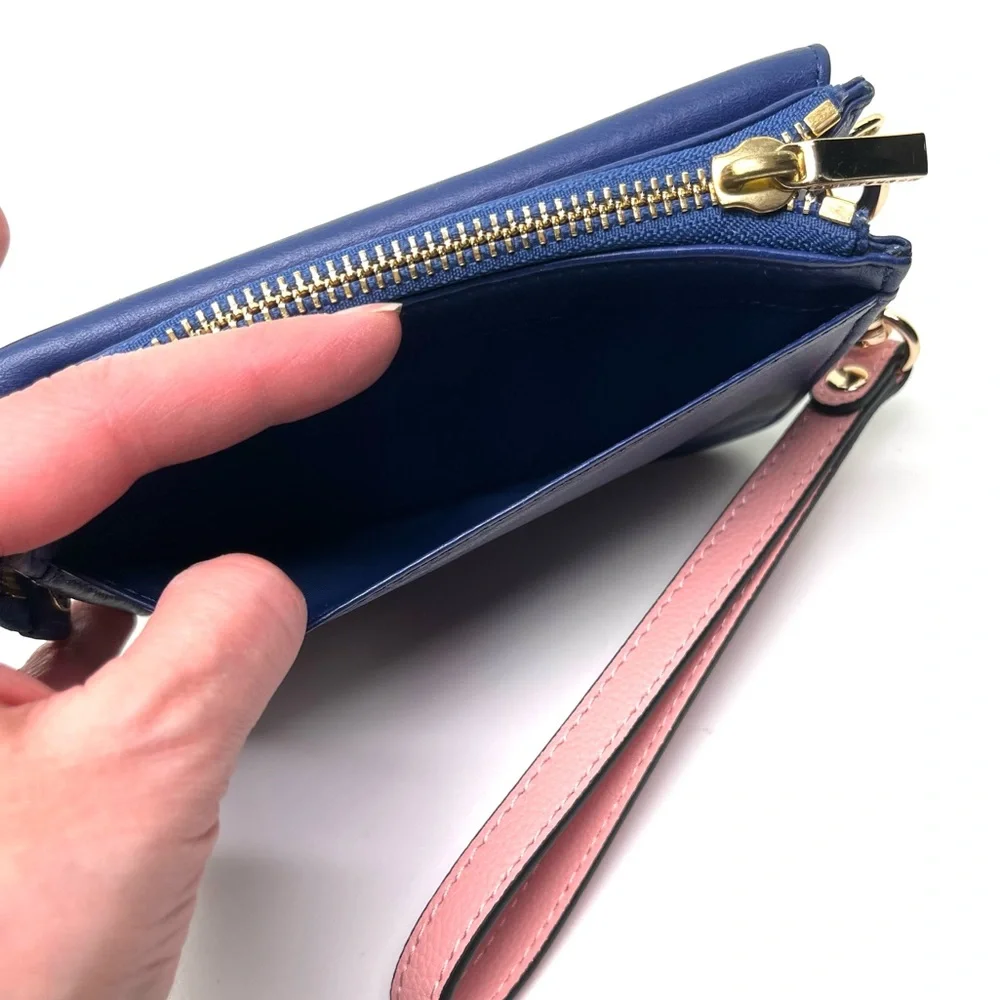 Tory Burch Navy Blue Pink Smooth Leather Wristlet/Wallet